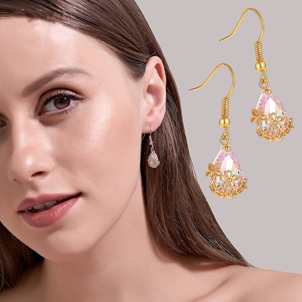 3/$35 NWT Gold Copper Clear Oval Flower Drop Dangle Earrings Crystal Diamond